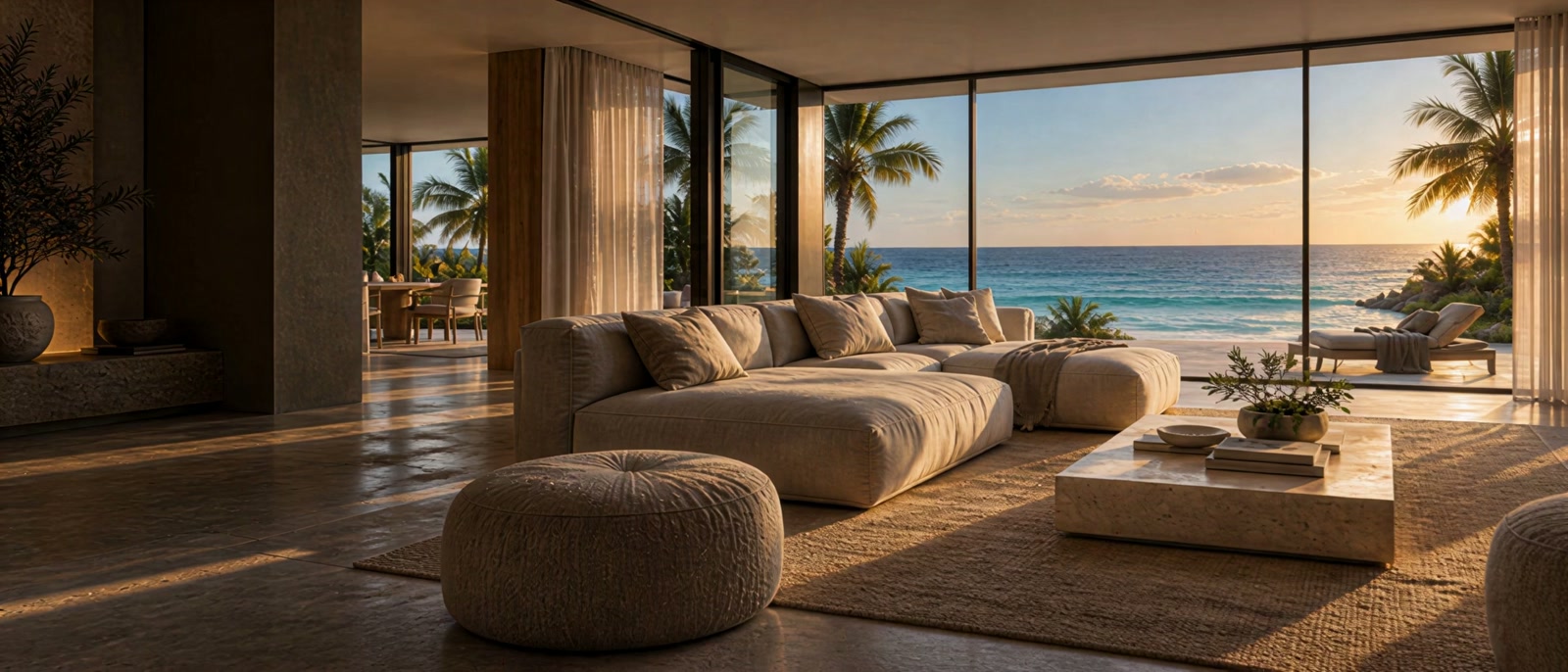 A coastal villa with sculptural cream seating and a Mediterranean view